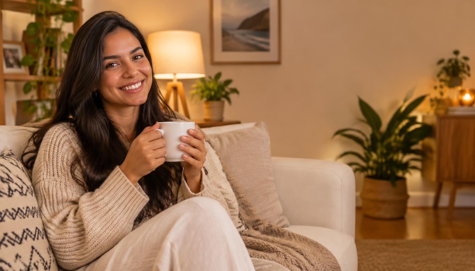 Mulher sorrindo com uma caneca em uma sala aconchegante